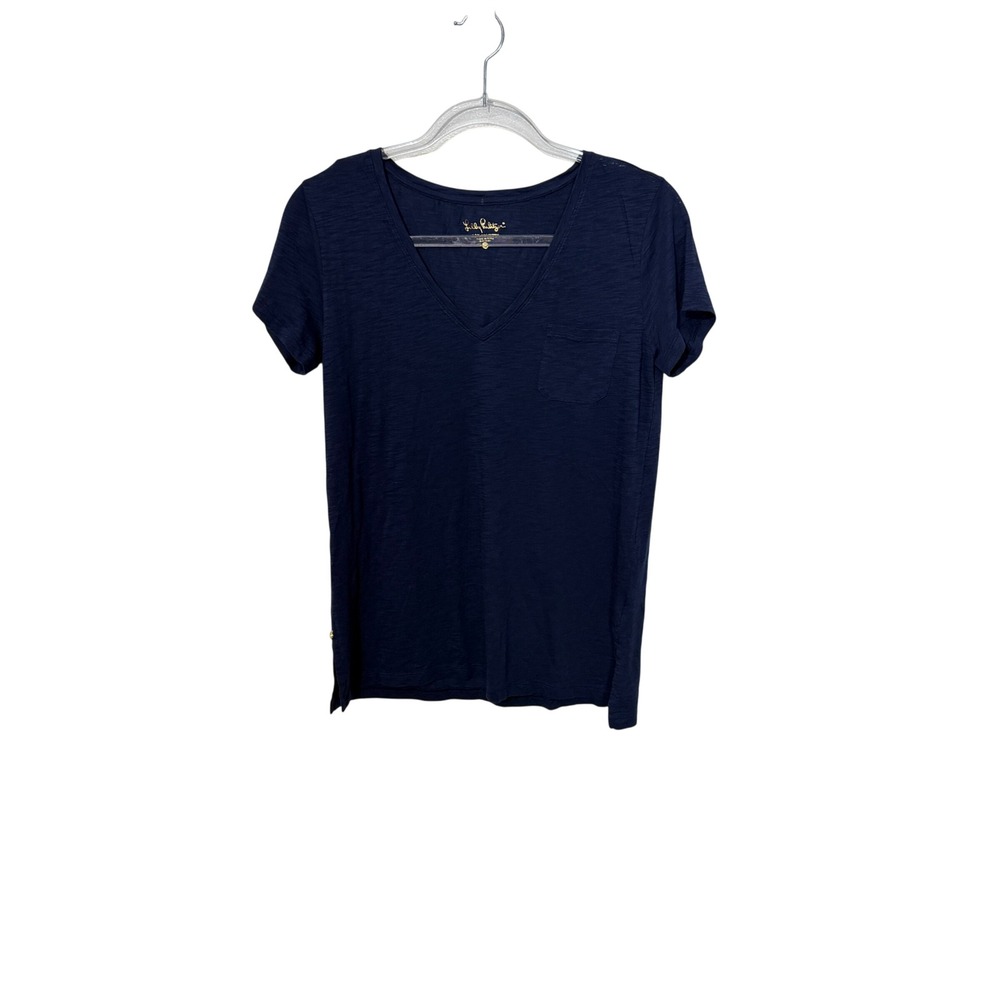 Lilly Pulitzer V-Neck Pocket Tee Womens S Navy Blue Pima Cotton Slub Jersey